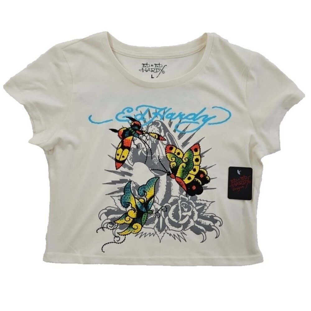 Ed Hardy Crop Tee Women's Large Rhinestone Butterfly‎ Top NWT Logo Art Piece NEW
